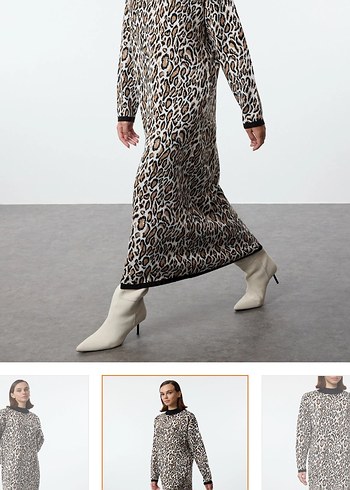 Kahverengi Gri Zebra Desenli Kadın Uzun triko elbise - Görsel 2