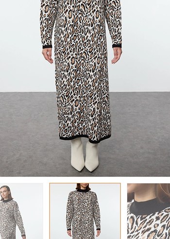 Kahverengi Gri Zebra Desenli Kadın Uzun triko elbise - Görsel 3