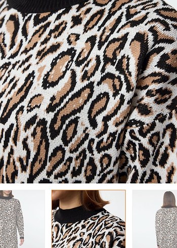 Kahverengi Gri Zebra Desenli Kadın Uzun triko elbise - Görsel 4