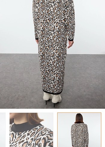 Kahverengi Gri Zebra Desenli Kadın Uzun triko elbise - Görsel 5