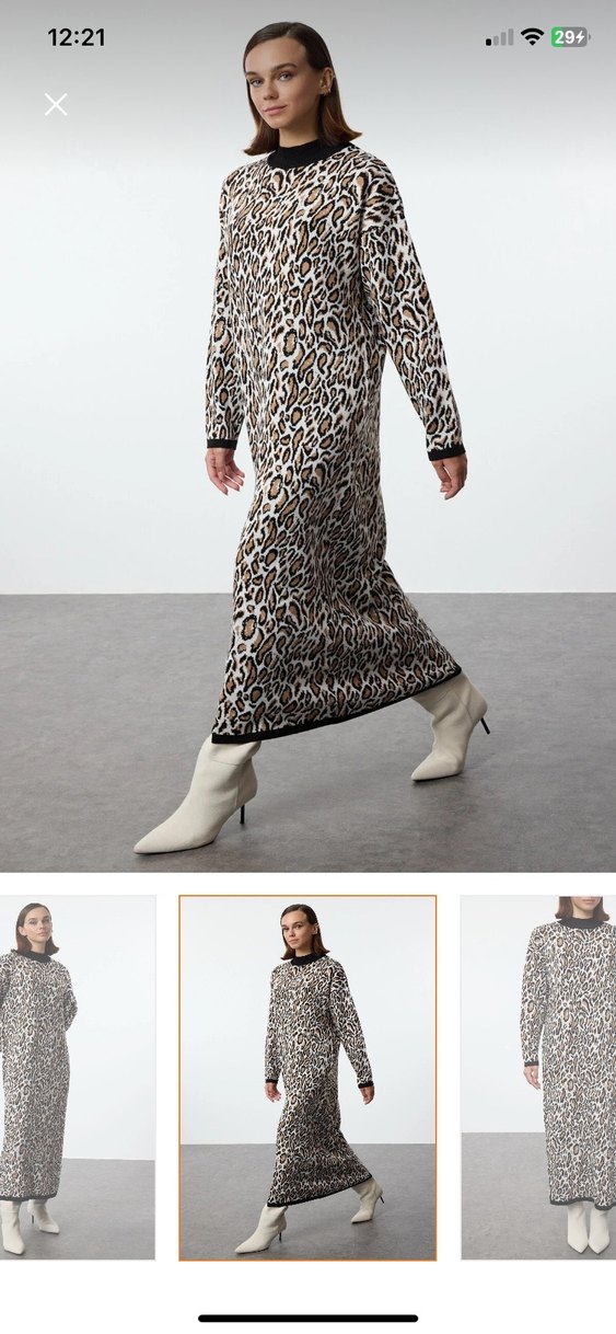 Kahverengi Gri Zebra Desenli Kadın Uzun triko elbise - Görsel 2