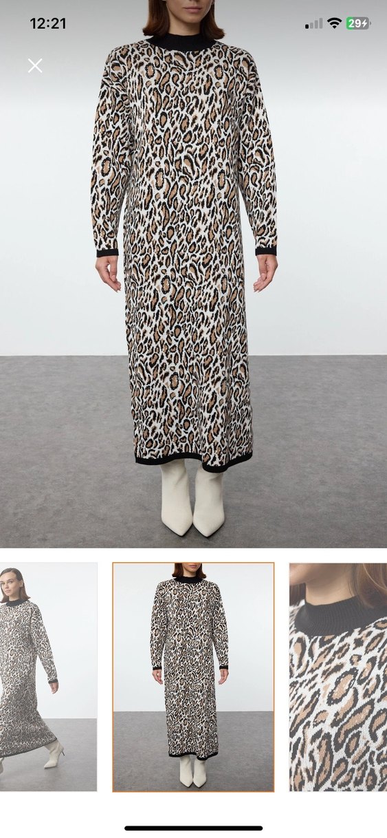 Kahverengi Gri Zebra Desenli Kadın Uzun triko elbise - Görsel 3