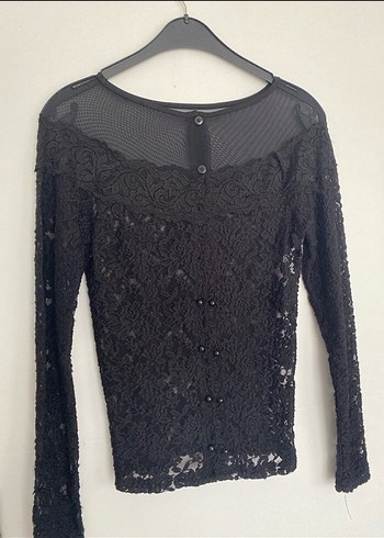 38 Beden Siyah Dantel Uzun Kollu Fitted Bluz