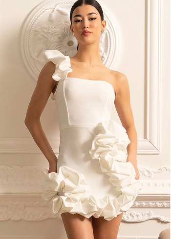 Beyaz Straplez Mini Fırfırlı Kadın Elbise - Görsel 7
