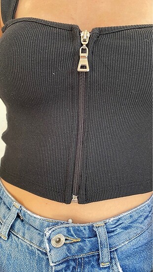 m Beden altın Renk Fermuar detaylı croptop