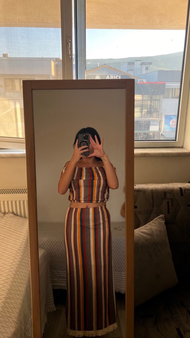 Çizgili Bohem Midi Straplez Elbise - Görsel 2