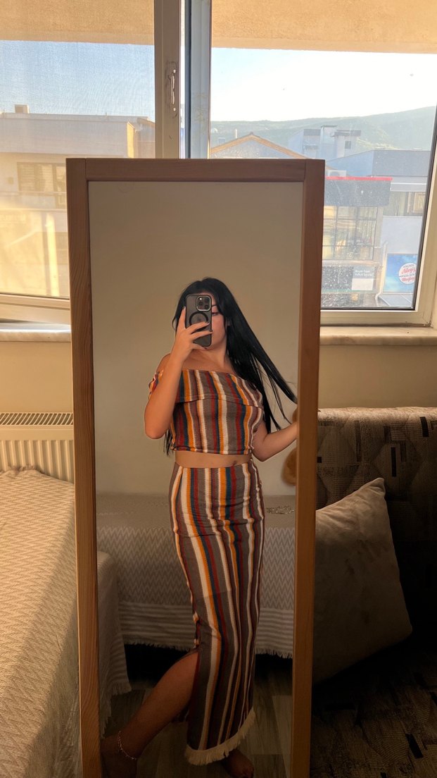 Çizgili Bohem Midi Straplez Elbise - Görsel 3