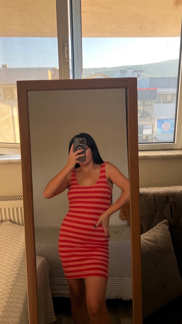 Kırmızı Çizgili Mini Kadın Elbise - Görsel 2