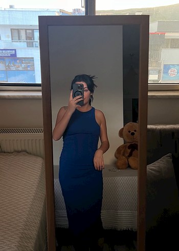 Lacivert Transparan Detaylı Midi Denim Elbise - Görsel 2