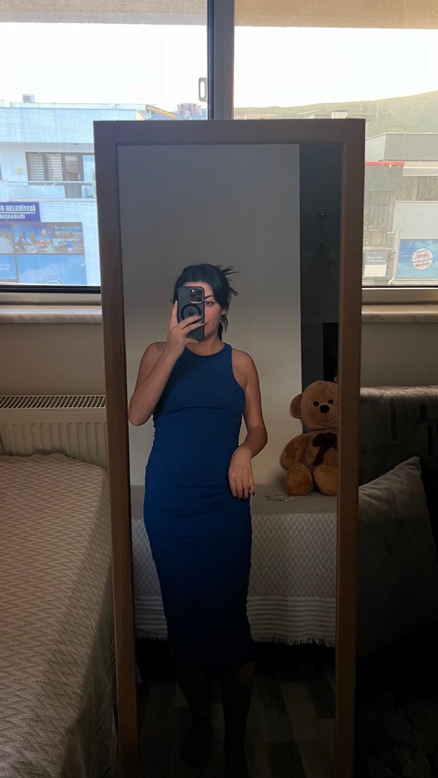 Lacivert Transparan Detaylı Midi Denim Elbise - Görsel 2