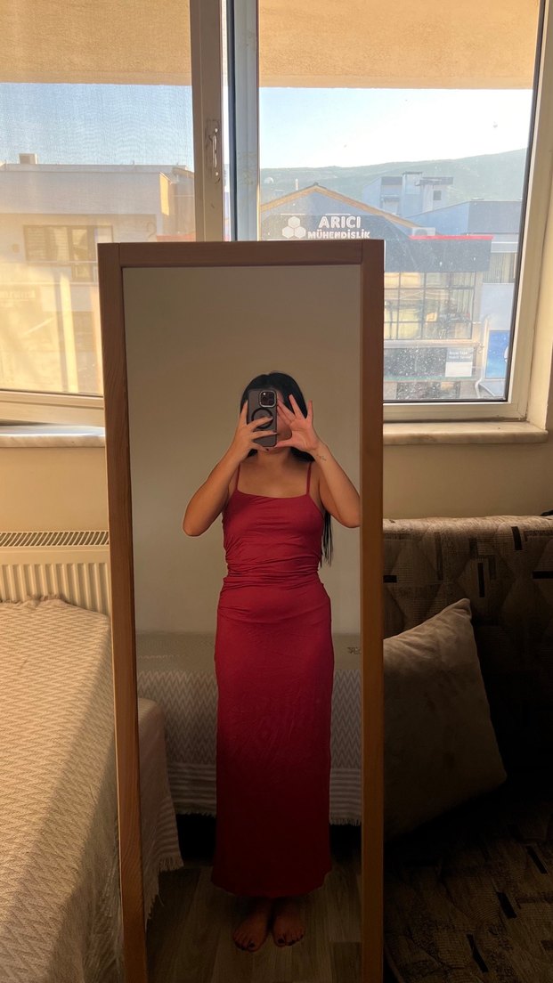 Kadın Kırmızı Drapeli Midi Elbise - Görsel 2