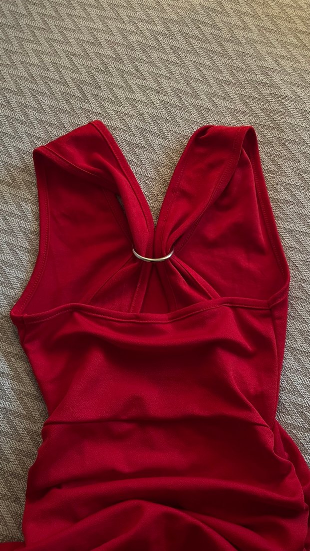 Kırmızı V Yaka Kolsuz Mini Elbise - Görsel 3