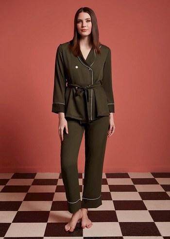 m Beden haki Renk Haki yeşili kadın pijama takımı