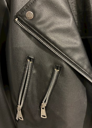 Kadın Siyah Mini Deri Biker Ceket - Görsel 3
