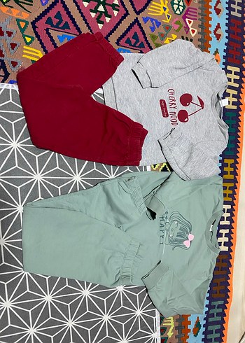 Kız Çocuk Gri Pamuklu Baskılı Sweatshirt ve yeşil takım - Görsel 2