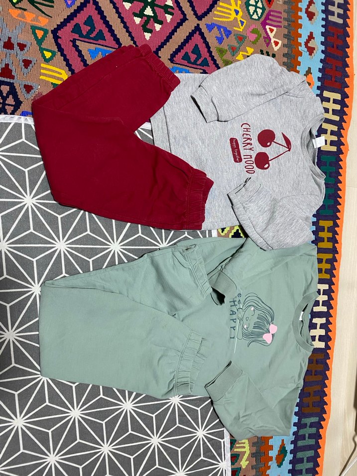 Kız Çocuk Gri Pamuklu Baskılı Sweatshirt ve yeşil takım - Görsel 2