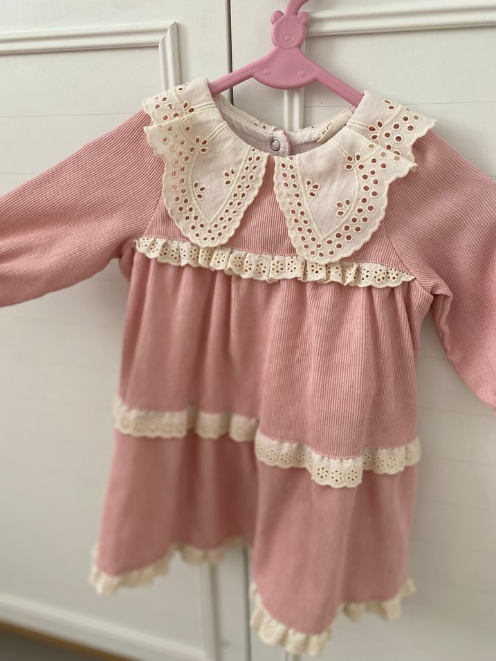 Pembe Nakışlı Fırfırlı Kız Çocuk Elbise - Görsel 3