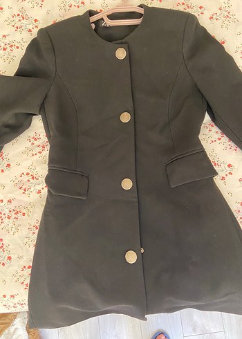 Zara Düğmeli Siyah Midi kumaş Kadın Ceket/Kaban
