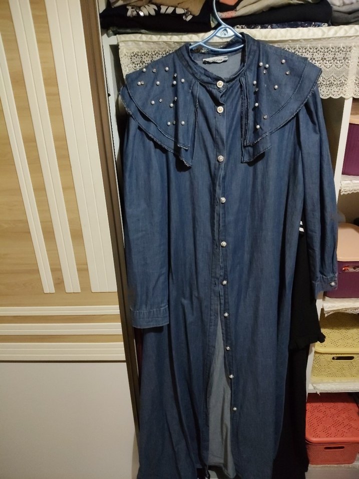 Düğmeli Uzun Kot ferace kap - Görsel 3