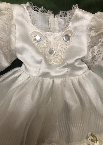 Beden Renk Vintage Porselen Bebek Dantel Detaylı Uzun Beyaz Mini Gelinlik
