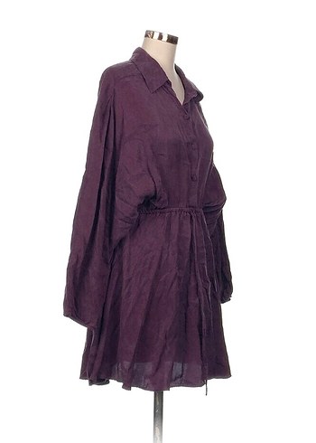 Uzun Kollu Mor Midi Keten Elbise - Görsel 5