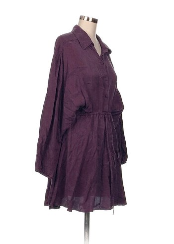 Uzun Kollu Mor Midi Keten Elbise - Görsel 2