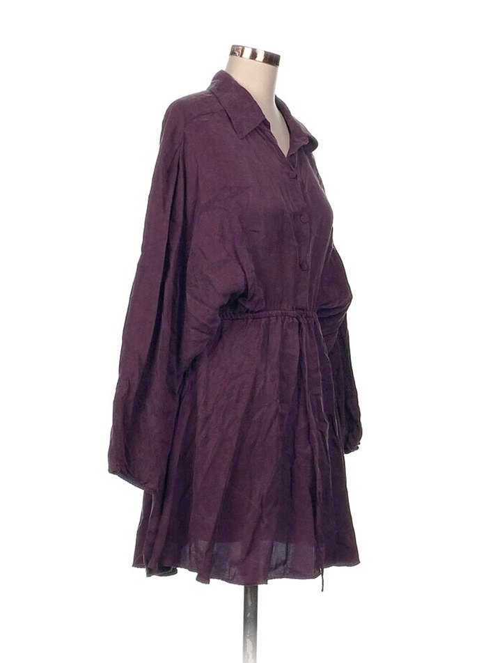 Uzun Kollu Mor Midi Keten Elbise - Görsel 5