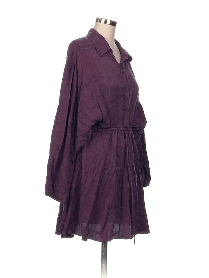 Uzun Kollu Mor Midi Keten Elbise - Görsel 2