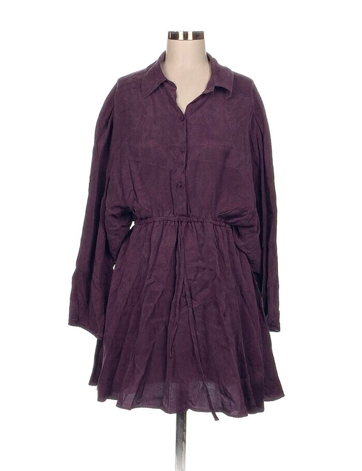 Uzun Kollu Mor Midi Keten Elbise - Görsel 4