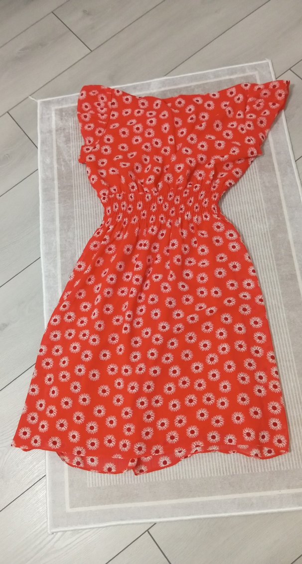 Kırmızı Çiçek Desenli Fırfırlı Bohem Elbise - Görsel 5