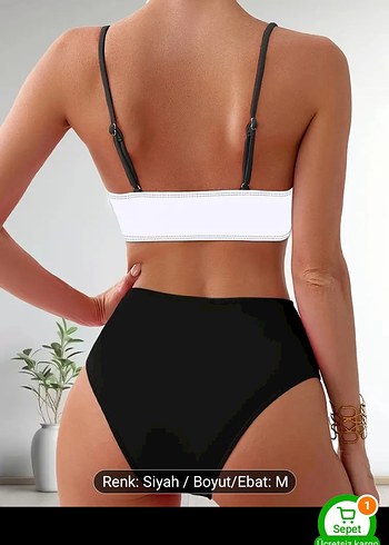 Beyaz Siyah Mini Bikini, Kemerli, İnce Askılı - Görsel 2