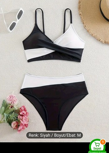 Beyaz Siyah Mini Bikini, Kemerli, İnce Askılı - Görsel 3