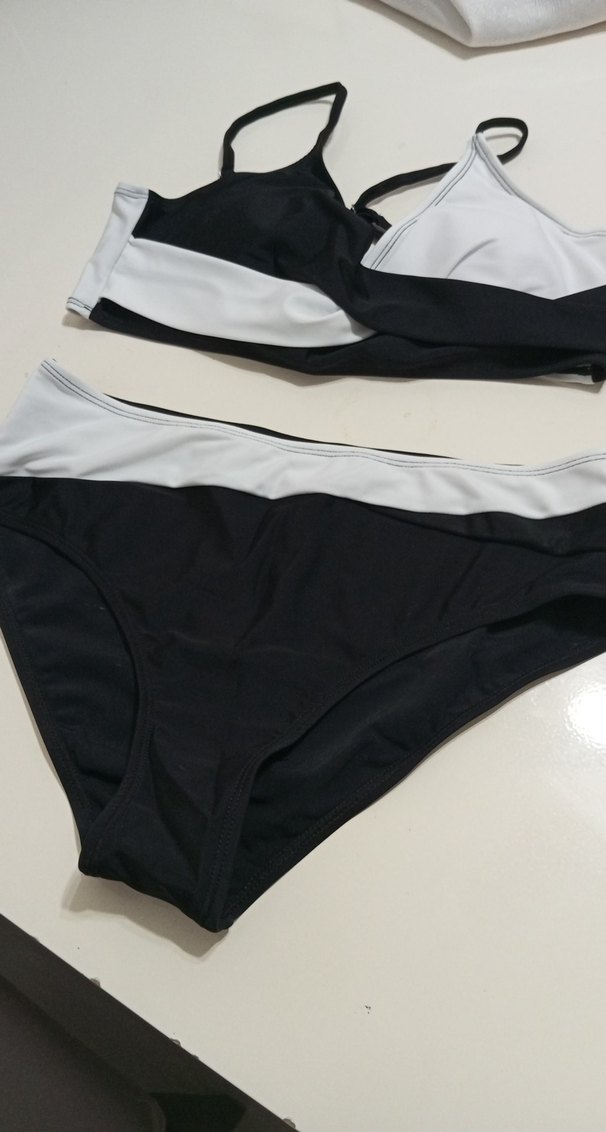 Beyaz Siyah Mini Bikini, Kemerli, İnce Askılı - Görsel 5