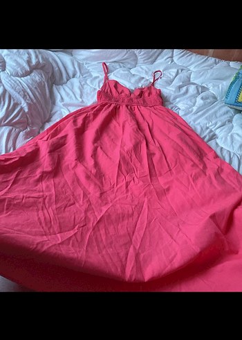 Pembe V Yaka Midi Pamuk Elbise - Görsel 3