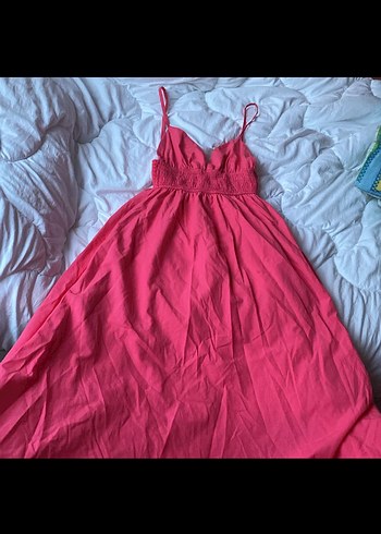 Pembe V Yaka Midi Pamuk Elbise - Görsel 4