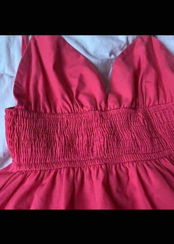 Pembe V Yaka Midi Pamuk Elbise - Görsel 2