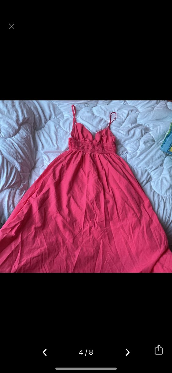 Pembe V Yaka Midi Pamuk Elbise - Görsel 4