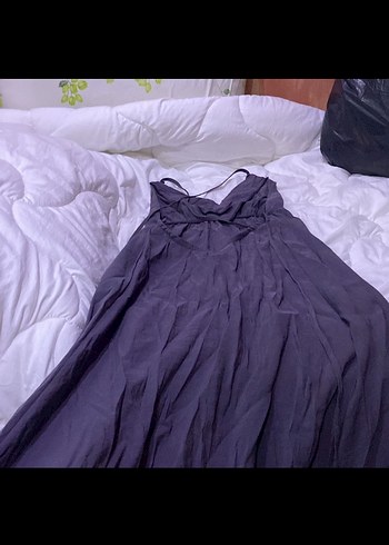 Gri Midi Saten Drapeli Halter Elbise - Görsel 2