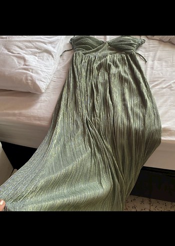 V Yaka Pilili Keten Uzun Elbise - Görsel 2