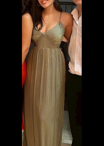 V Yaka Pilili Keten Uzun Elbise - Görsel 7