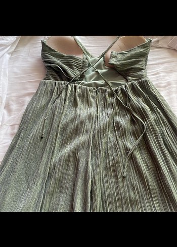 V Yaka Pilili Keten Uzun Elbise - Görsel 5