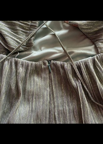 V Yaka Pilili Keten Uzun Elbise - Görsel 6