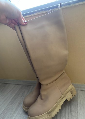 Kadın Bej Dizüstü Çizme Stiletto Topuk - Görsel 5