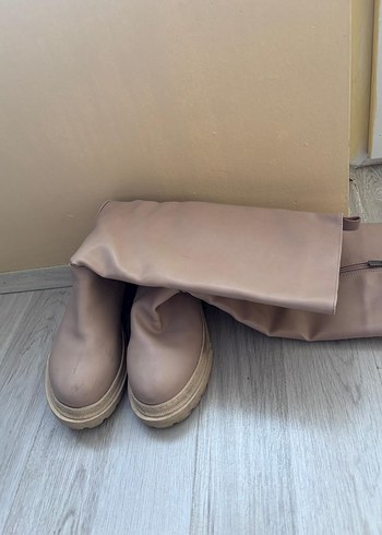 Kadın Bej Dizüstü Çizme Stiletto Topuk - Görsel 3