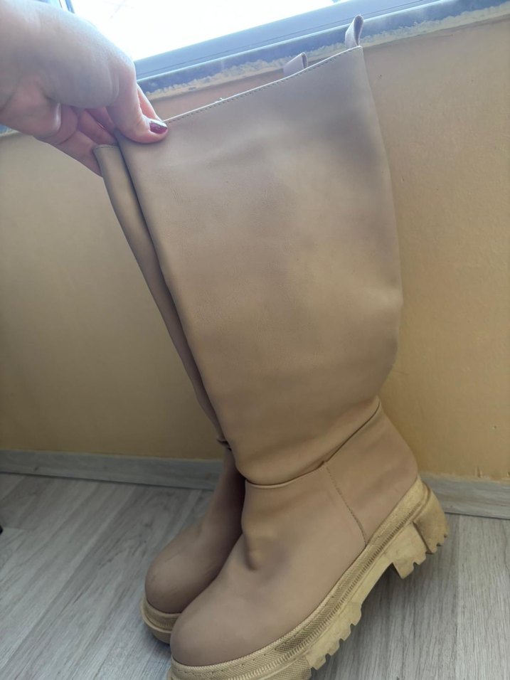 Kadın Bej Dizüstü Çizme Stiletto Topuk - Görsel 5