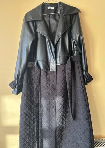 Kadın Siyah Deri Uzun Trençkot - Görsel 2