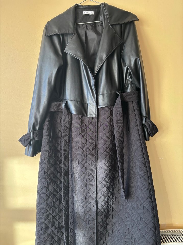 Kadın Siyah Deri Uzun Trençkot - Görsel 2