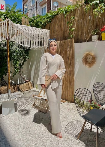 Beyaz Keten Kadın Uzun kimono Takımı