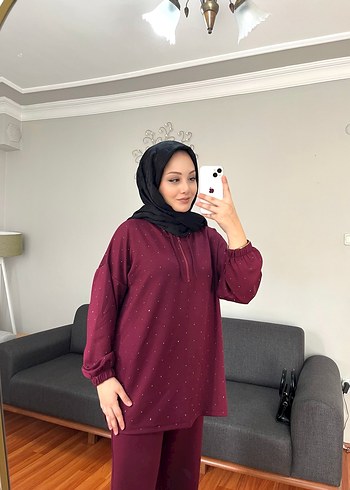 Bordo Payetli Kapüşonlu Rahat Kadın Oysh Takım - Görsel 2