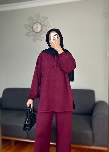 Bordo Payetli Kapüşonlu Rahat Kadın Oysh Takım - Görsel 3